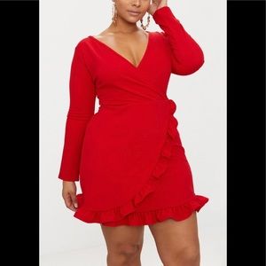 Plus Red Long Sleeve Ruffle Wrap Dress